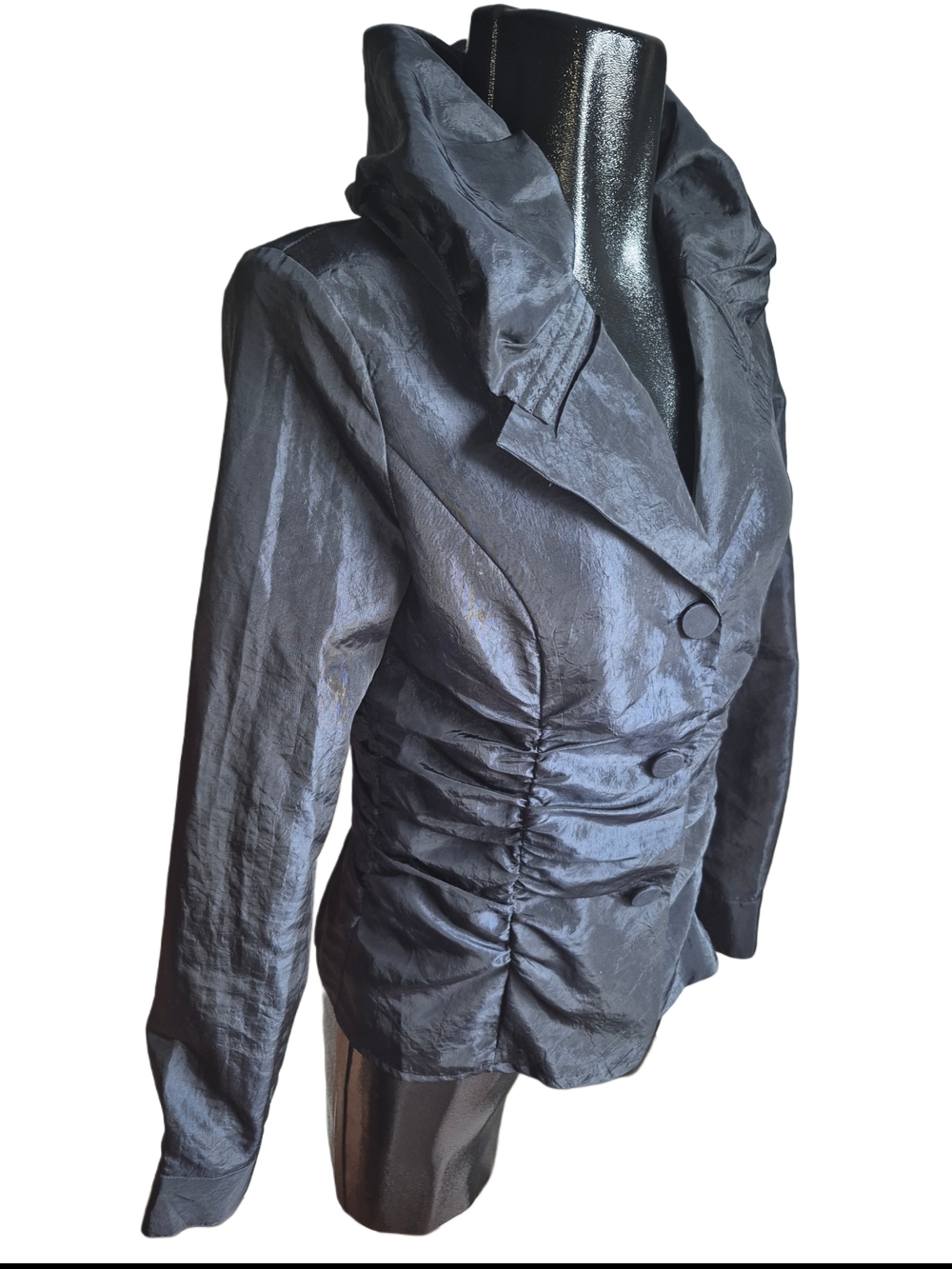 Black Women's Ruched Puffed Collar Button-Front Light Blazer Jacket Size 6 - Picture 3 of 7